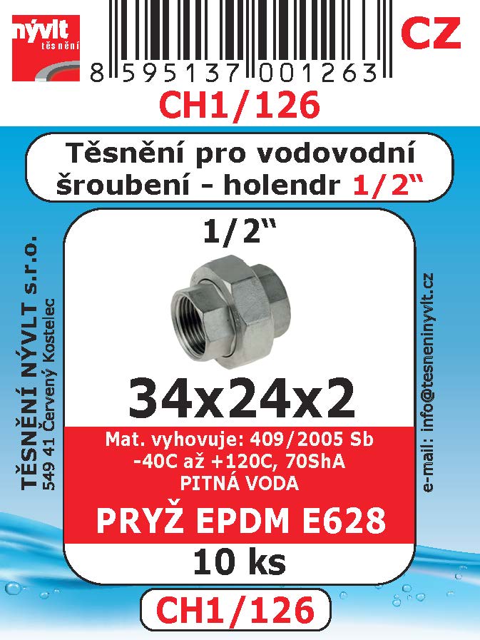 CH1/126   SADA 1/2" 34x24x2 vodo.šr. holand. pryž EPDM E628 10ks